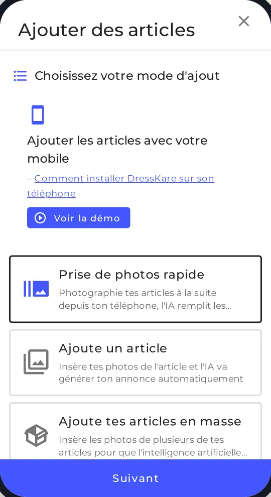 Fenêtre Ajouter des articles sur mobile, carte Prise de photos rapide