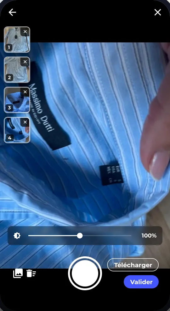 Appareil photo de l'application avec miniatures, Télécharger et Valider