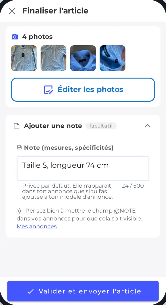 Écran Finaliser l'article avec la note de mesures