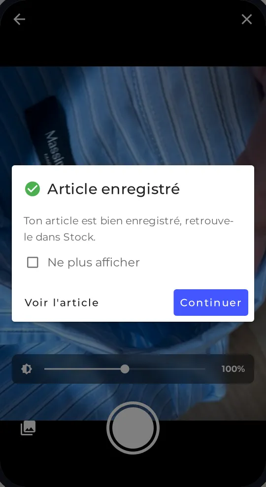 Fenêtre Article enregistré avec Voir l'article et Continuer