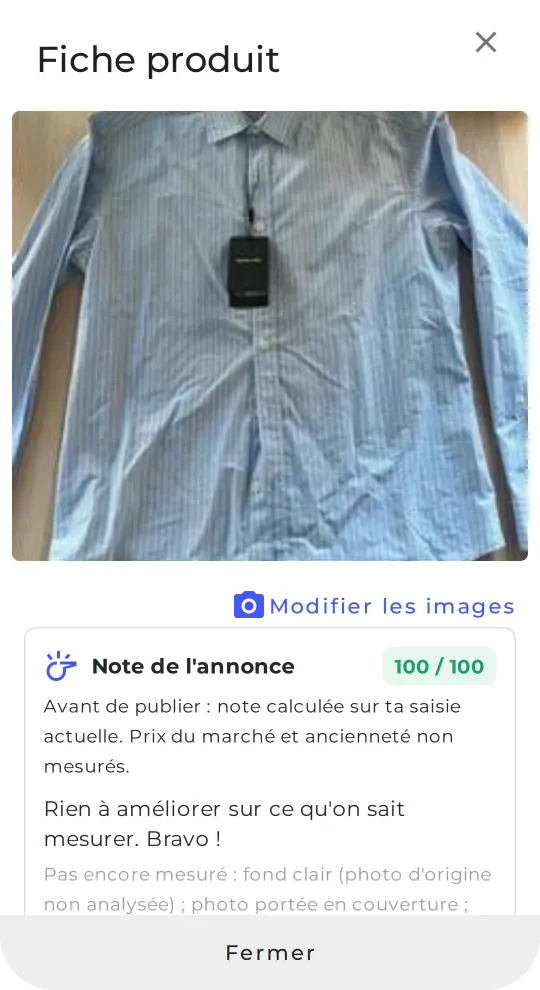 Fiche produit préparée par l'IA dans le Stock, sur mobile