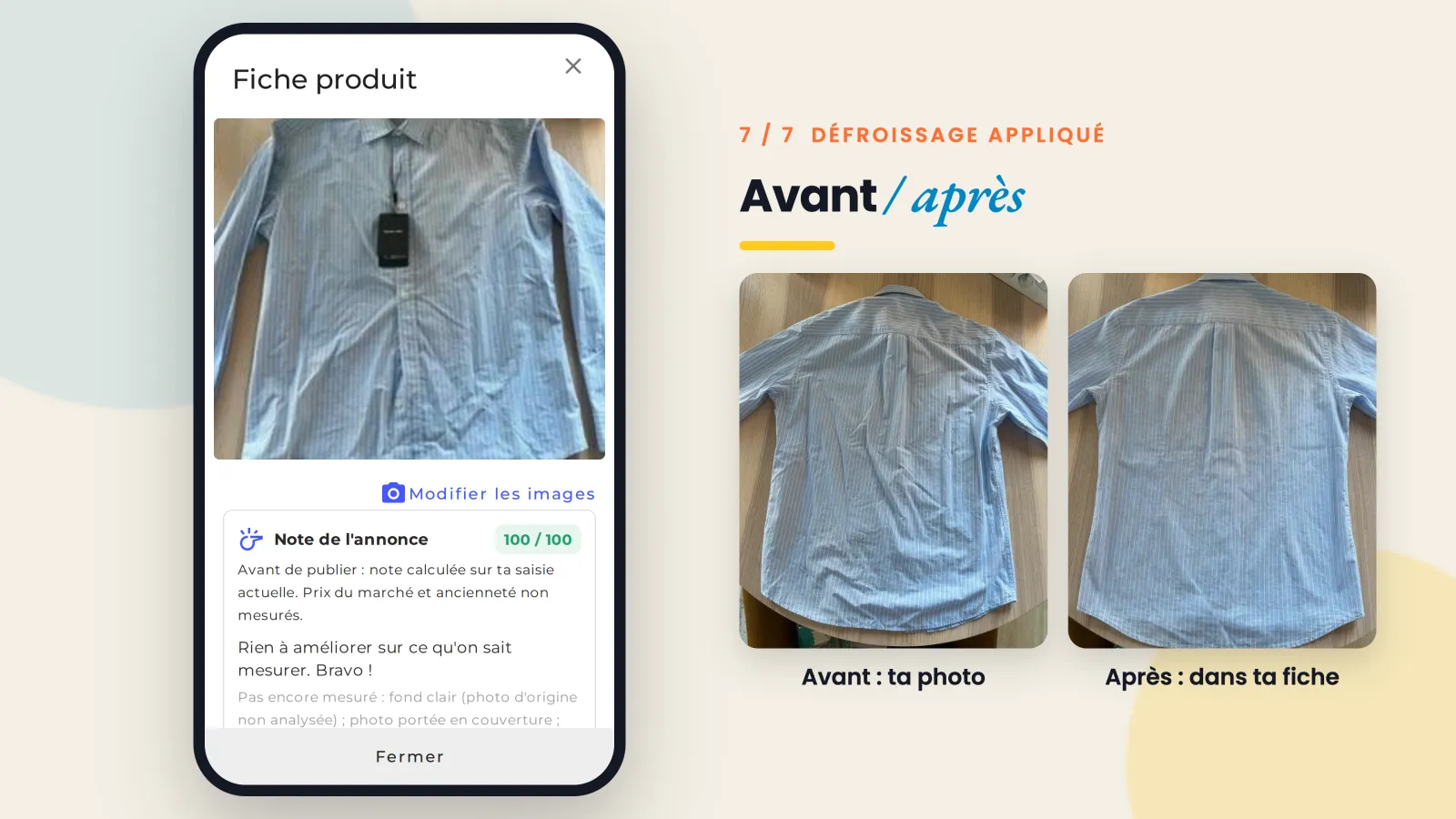 Photo du dos d'une chemise avant et après le défroissage dans l'application mobile