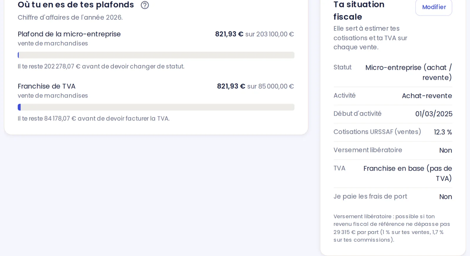 Jauges du plafond micro-entreprise et du seuil de TVA dans DressKare
