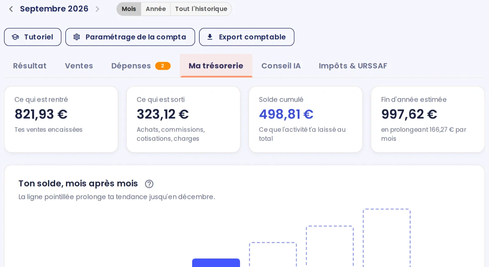 Entrées, sorties, solde cumulé et estimation de fin d'année dans DressKare