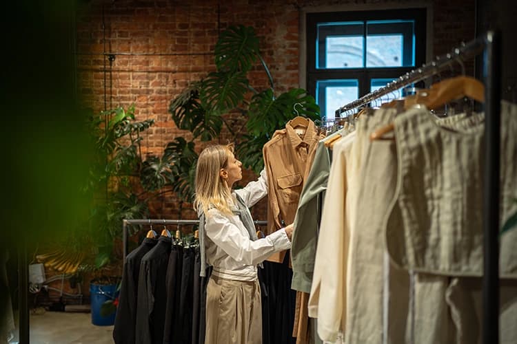 Femme qui choisit des vêtements de seconde main en boutique