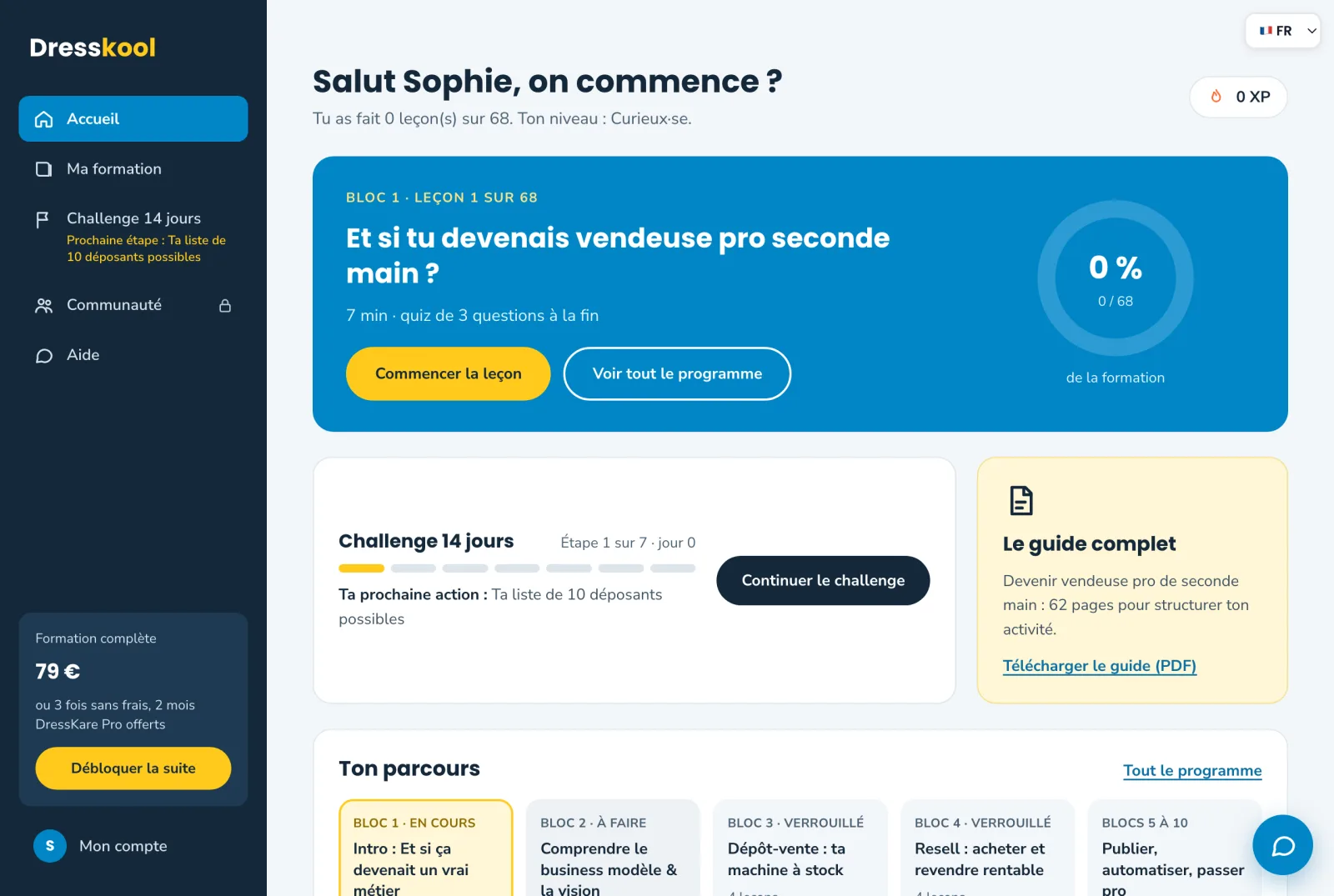 Le tableau de bord de l'application DressKool : la leçon en cours, la progression sur 68 leçons et la prochaine étape du challenge de 14 jours