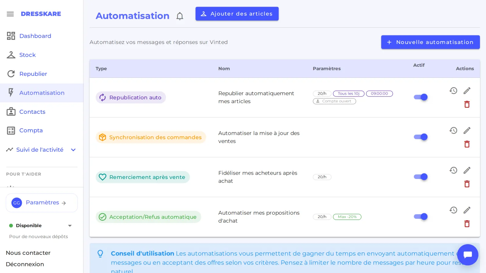 Règle de republication automatique active dans Automatisations, tous les 10 jours à 09:00