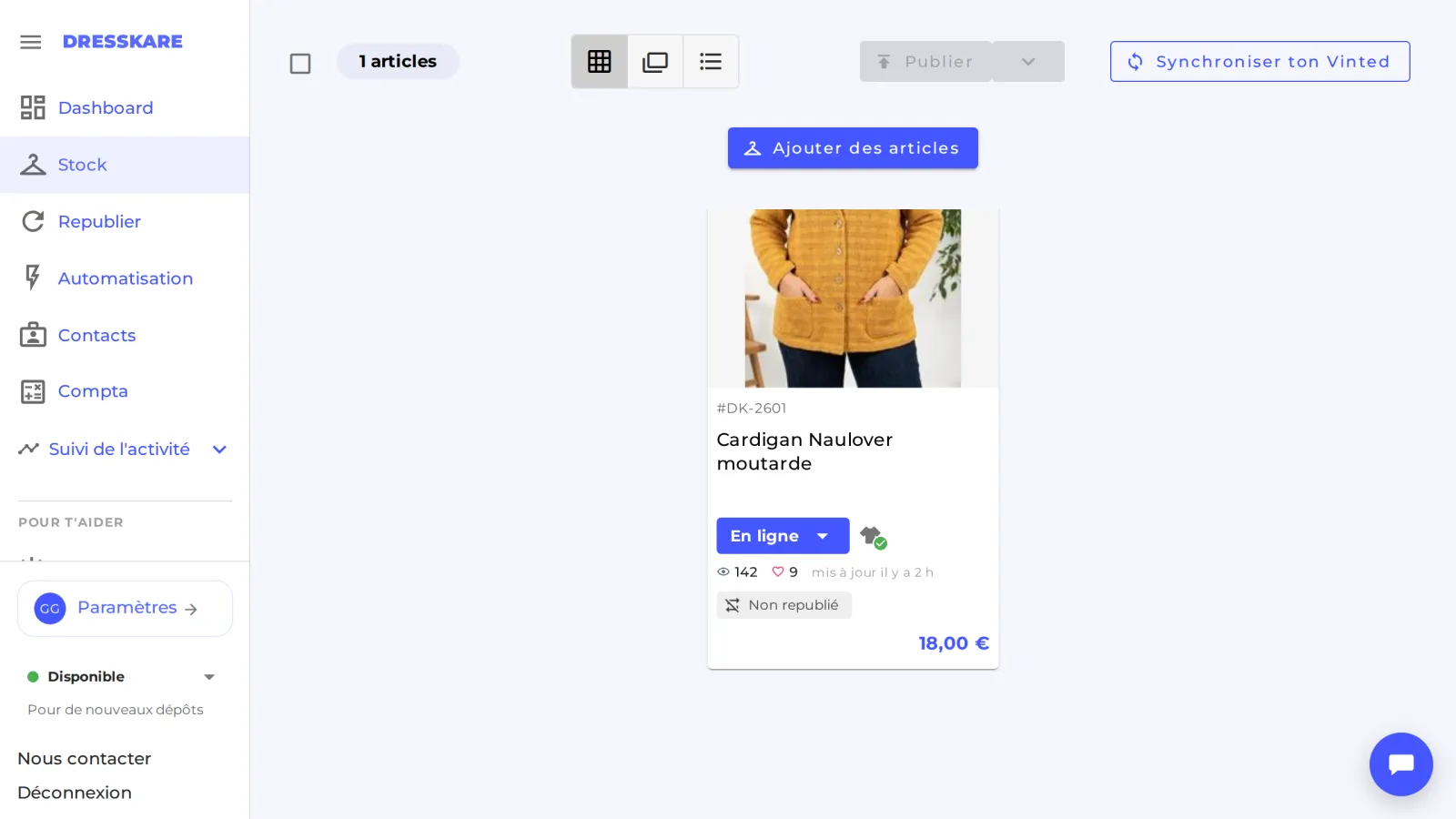 Article du Stock avec la pastille Non republié et ses vues et favoris