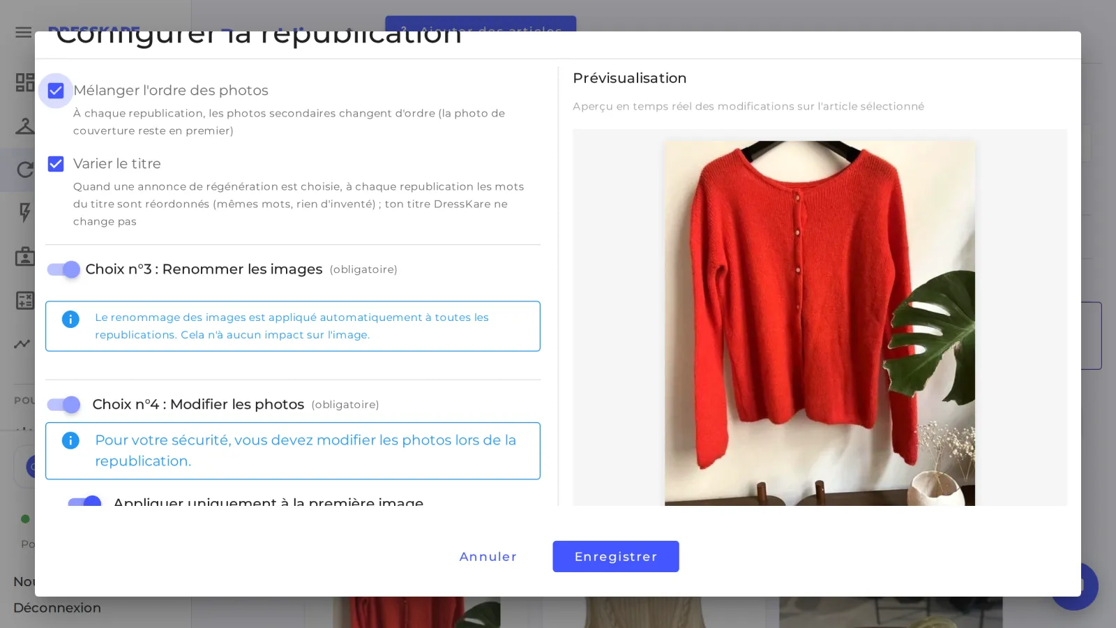 Cases Mélanger l'ordre des photos et Varier le titre avec la prévisualisation de la photo