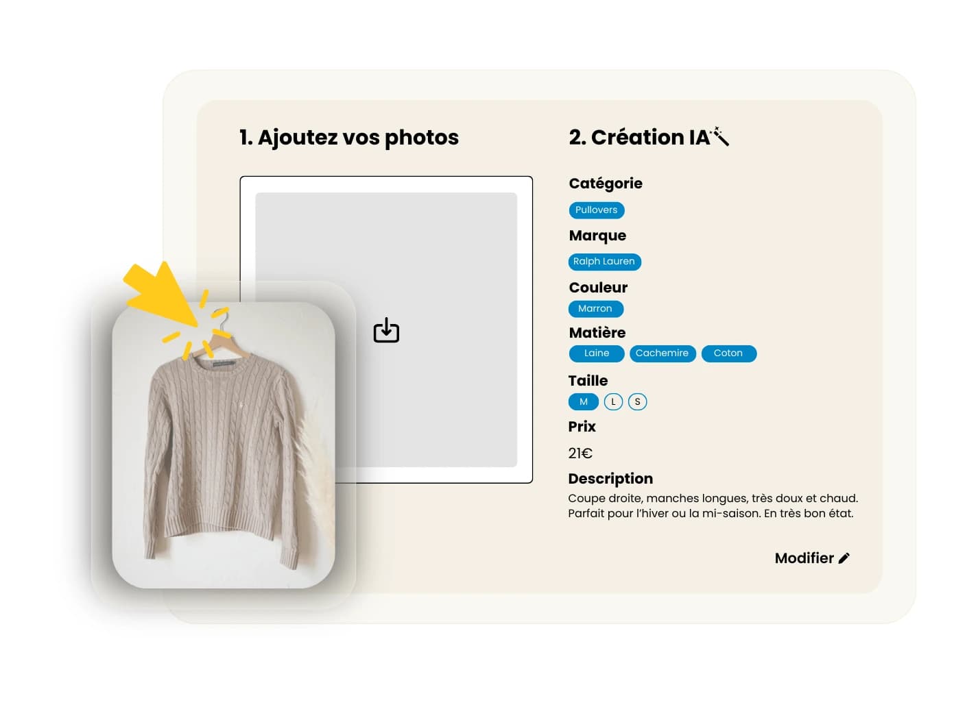 Fiche produit Vinted générée par l'IA DressKare depuis une photo