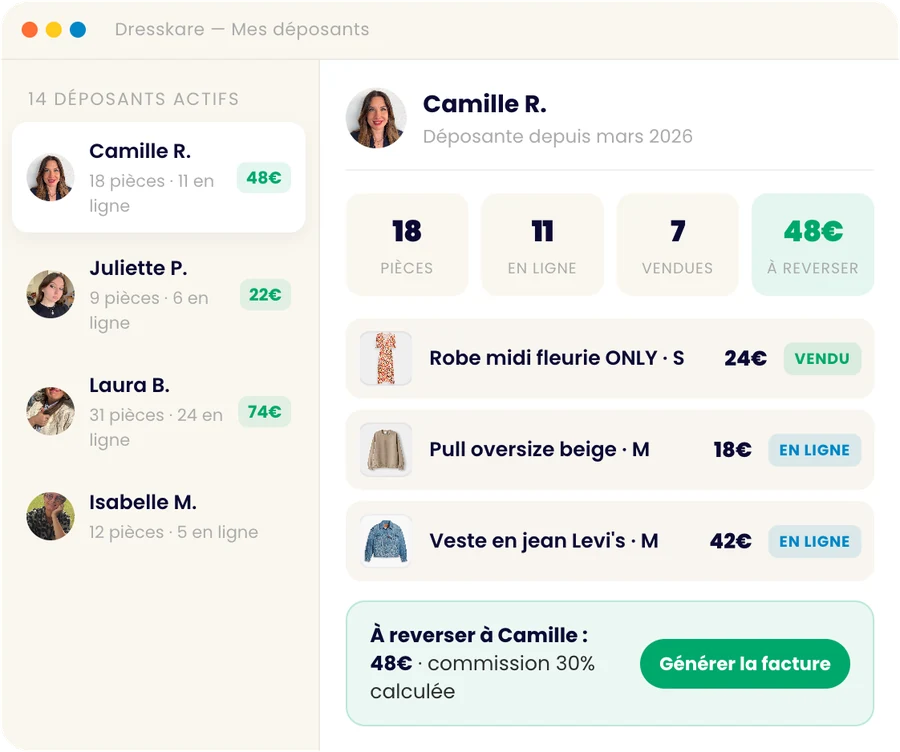 Illustration : suivi d'une déposante, pièces vendues et reversement calculé
