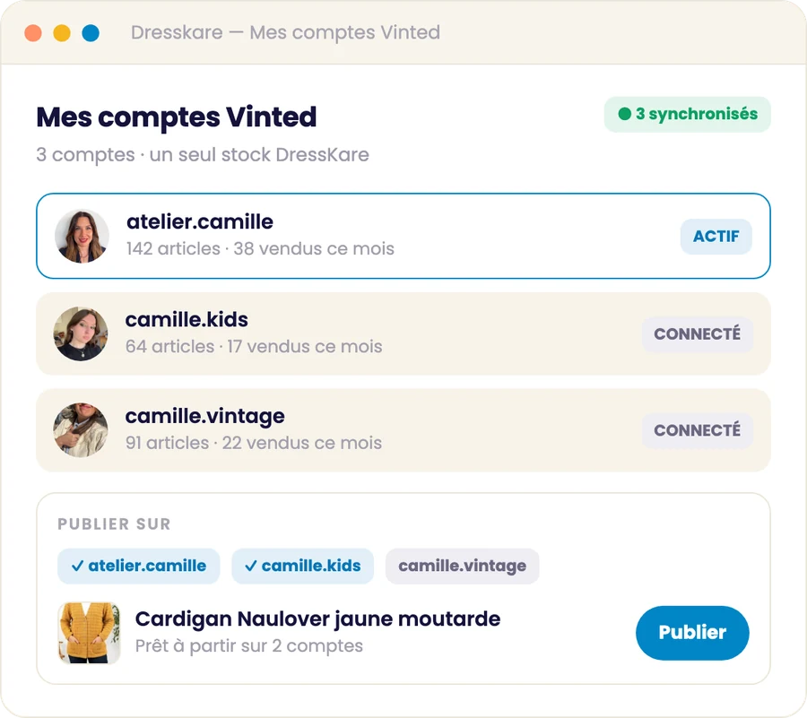 Illustration : trois comptes Vinted pilotés depuis un seul espace DressKare