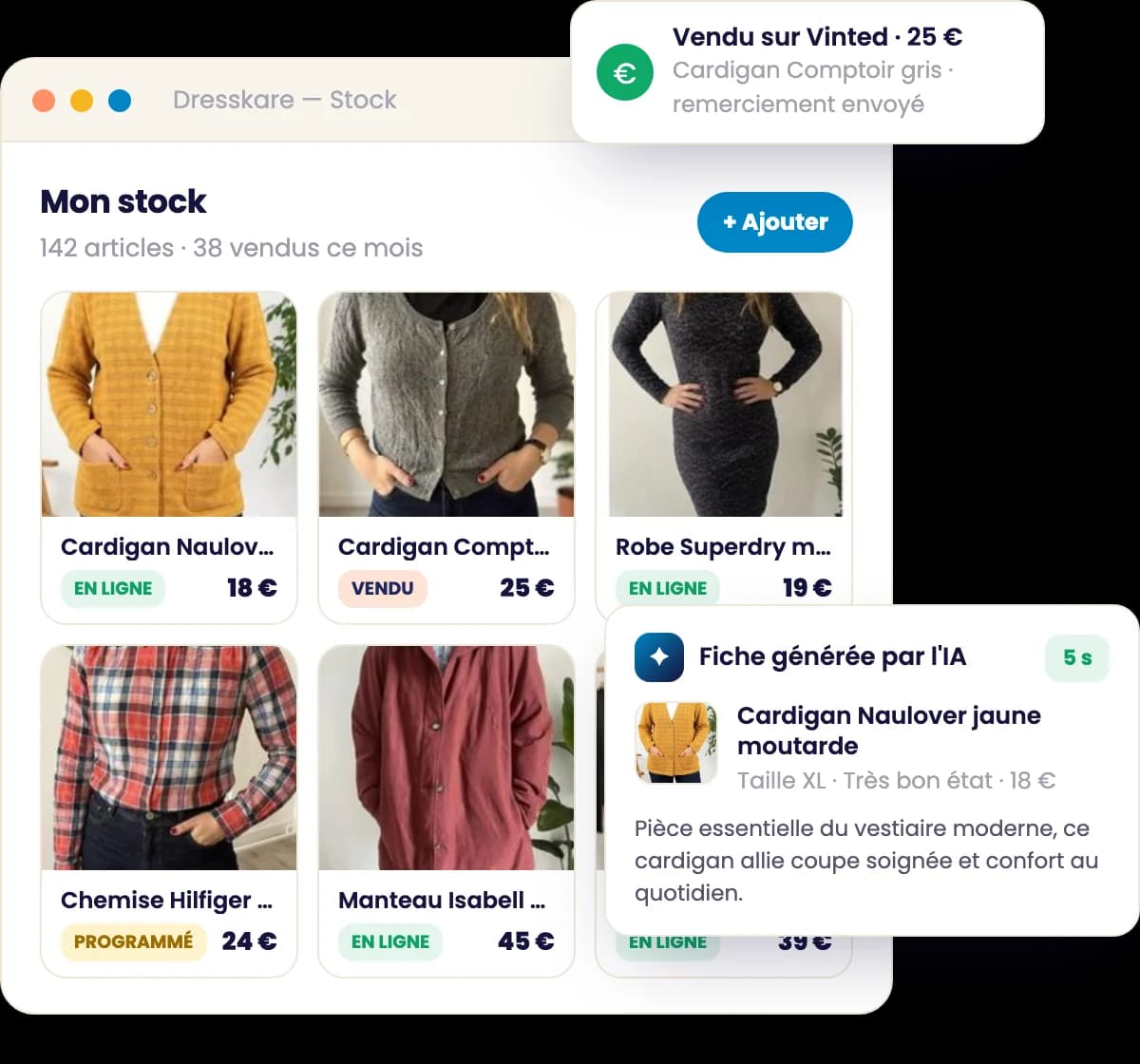 Illustration du stock DressKare : articles en ligne, vendus ou programmés, et une fiche rédigée par l'IA